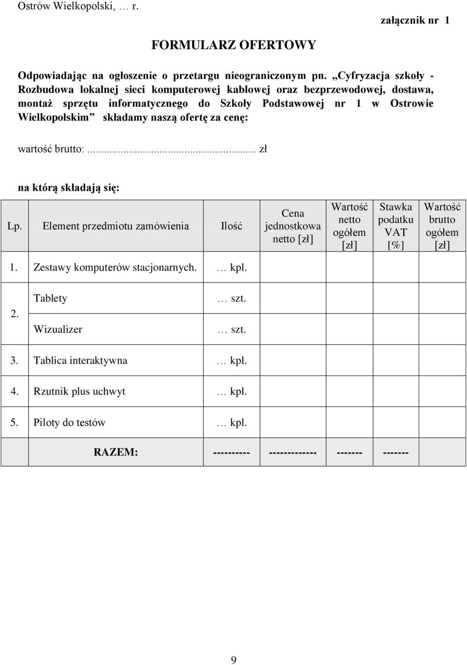 składamy naszą ofertę za cenę: wartość brutto:... zł na którą składają się: Lp.