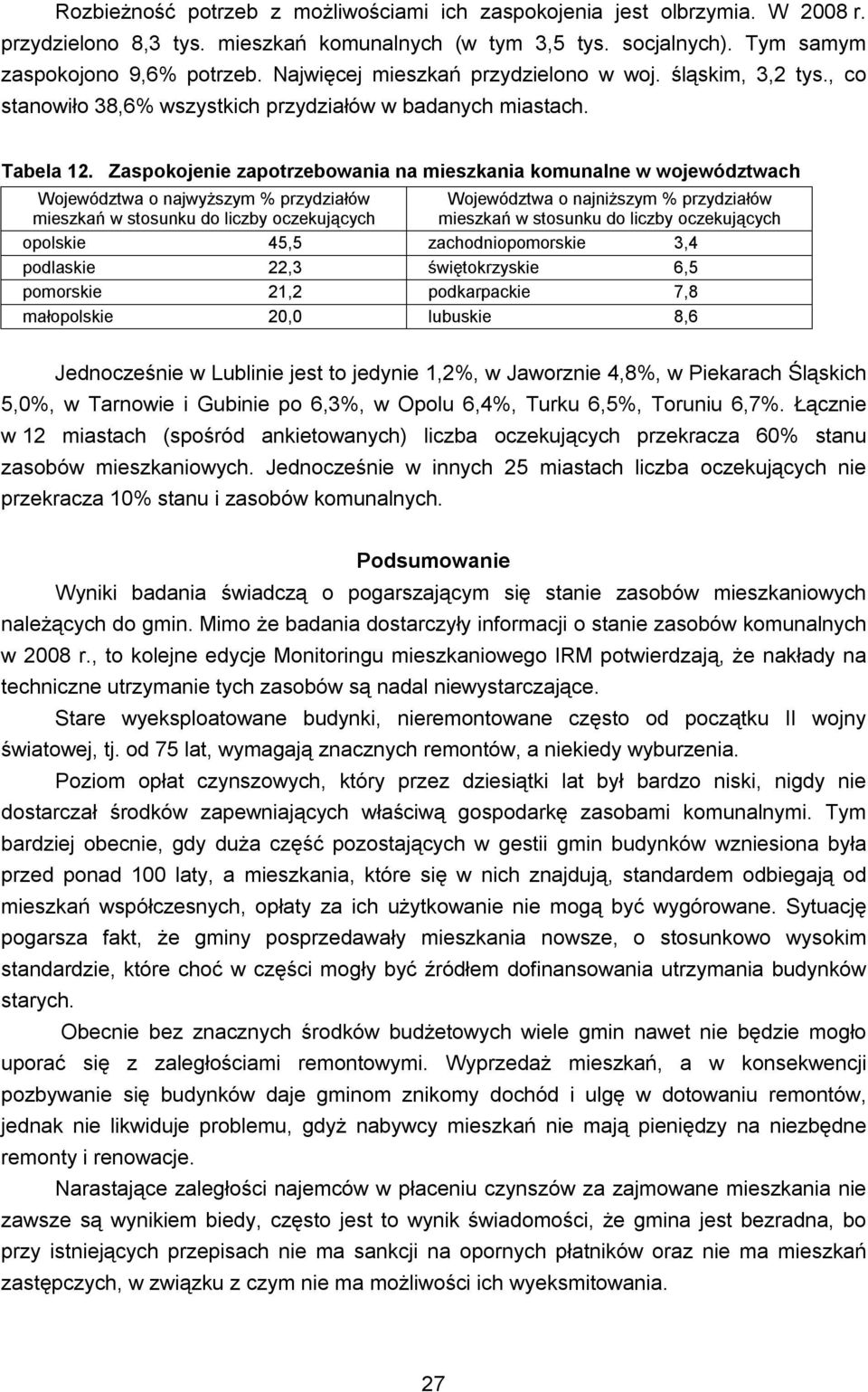 Zaspokojenie zapotrzebowania na mieszkania komunalne w województwach Województwa o najwyższym % przydziałów mieszkań w stosunku do liczby oczekujących Województwa o najniższym % przydziałów mieszkań