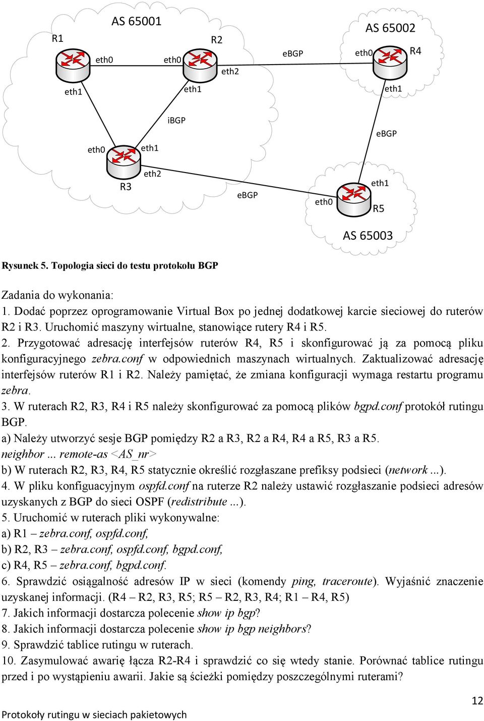 Przygotować adresację interfejsów ruterów R4, R5 i skonfigurować ją za pomocą pliku konfiguracyjnego zebra.conf w odpowiednich maszynach wirtualnych.