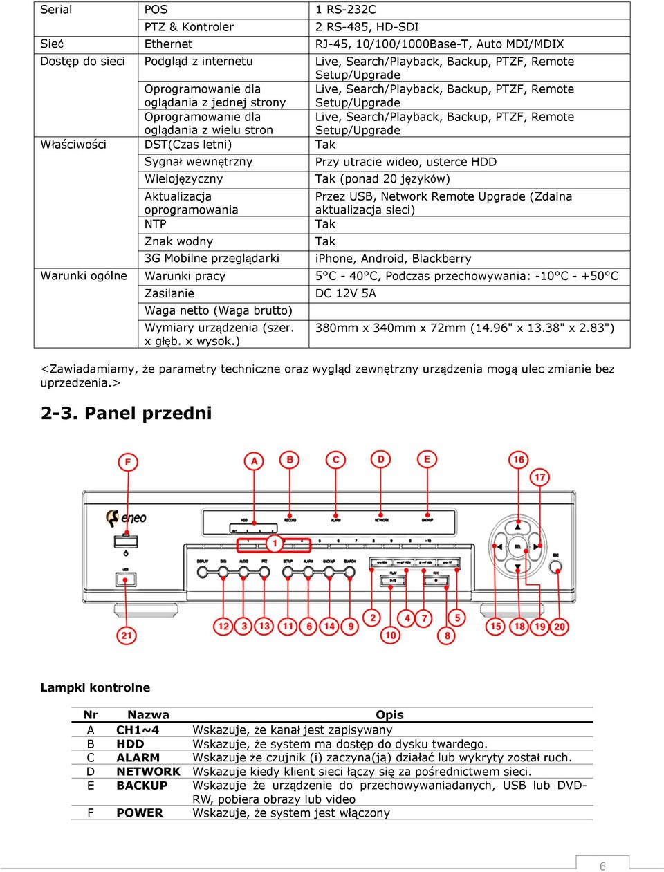Remote Setup/Upgrade Właściwości DST(Czas letni) Tak Sygnał wewnętrzny Wielojęzyczny Aktualizacja oprogramowania NTP Znak wodny 3G Mobilne przeglądarki Przy utracie wideo, usterce HDD Tak (ponad 20
