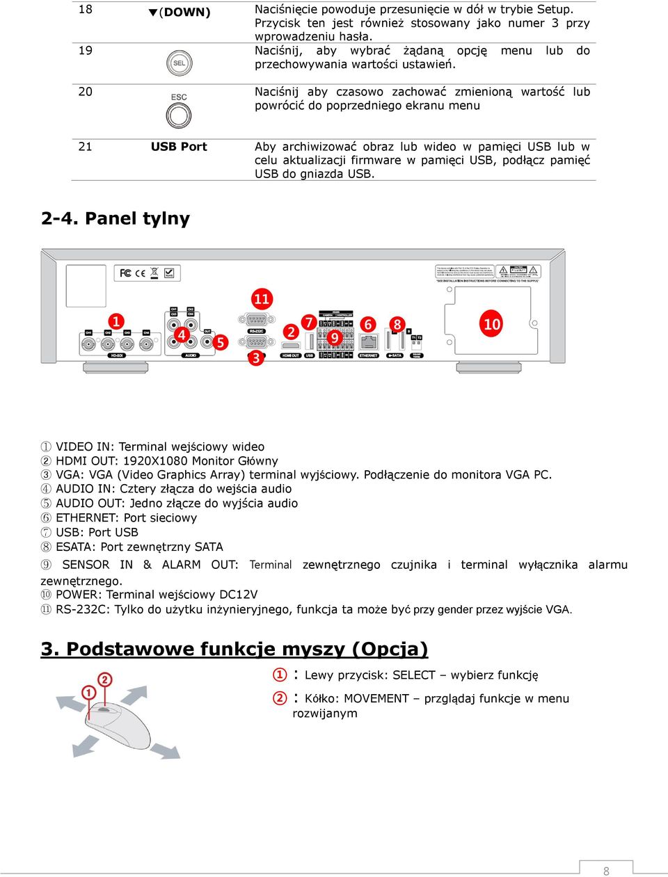 20 Naciśnij aby czasowo zachować zmienioną wartość lub powrócić do poprzedniego ekranu menu 21 USB Port Aby archiwizować obraz lub wideo w pamięci USB lub w celu aktualizacji firmware w pamięci USB,
