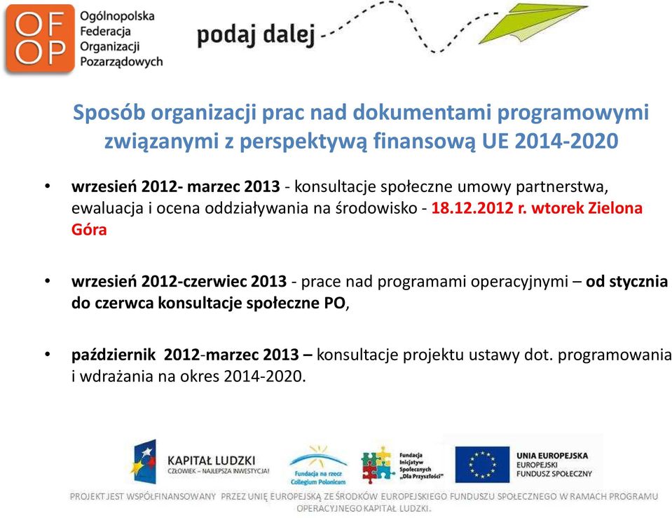 wtorek Zielona Góra wrzesień 2012-czerwiec 2013-prace nad programami operacyjnymi od stycznia do czerwca konsultacje