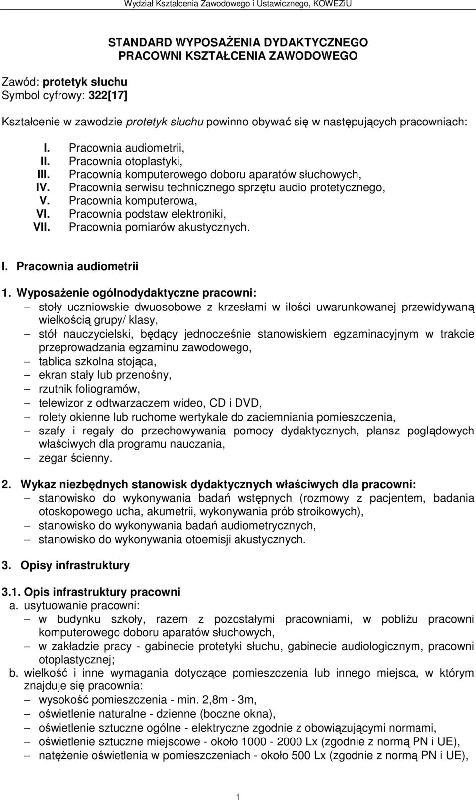 Pracownia komputerowa, VI. Pracownia podstaw elektroniki, VII. Pracownia pomiarów akustycznych. I. Pracownia audiometrii 1.