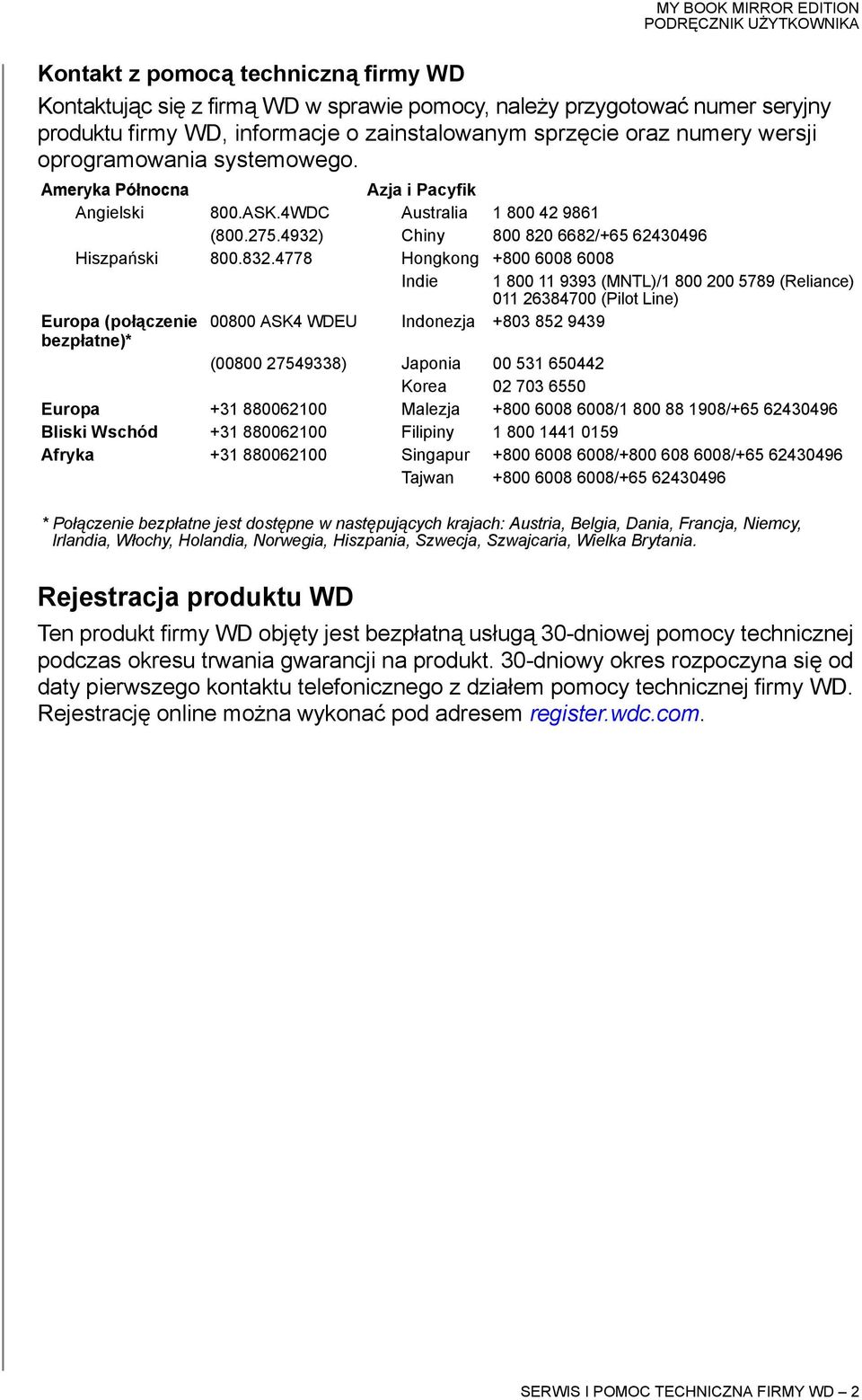 4778 Hongkong +800 6008 6008 Indie 1 800 11 9393 (MNTL)/1 800 200 5789 (Reliance) 011 26384700 (Pilot Line) Europa (połączenie 00800 ASK4 WDEU Indonezja +803 852 9439 bezpłatne)* (00800 27549338)
