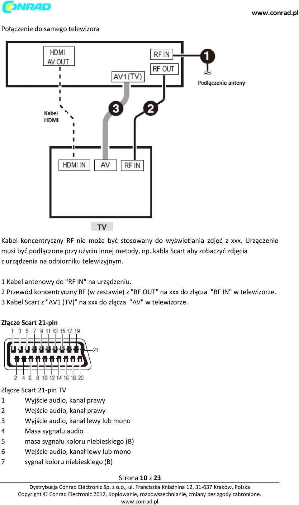 2 Przewód koncentryczny RF (w zestawie) z "RF OUT" na xxx do złącza "RF IN" w telewizorze. 3 Kabel Scart z "AV1 (TV)" na xxx do złącza "AV" w telewizorze.