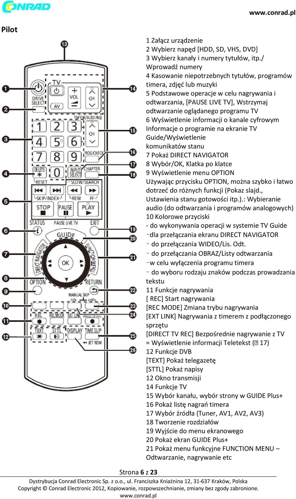 programu TV 6 Wyświetlenie informacji o kanale cyfrowym Informacje o programie na ekranie TV Guide/Wyświetlenie komunikatów stanu 7 Pokaż DIRECT NAVIGATOR 8 Wybór/OK, Klatka po klatce 9 Wyświetlenie