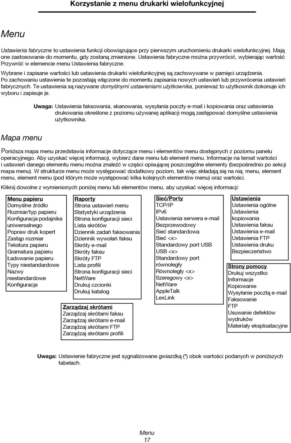 Wybrane i zapisane wartoœci lub ustawienia drukarki wielofunkcyjnej są zachowywane w pamięci urządzenia.