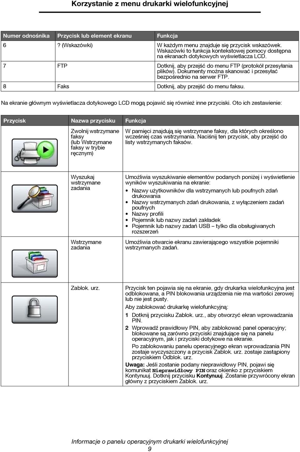 Dokumenty można skanować i przesyłać bezpoœrednio na serwer FTP. 8 Faks Dotknij, aby przejœć do menu faksu. Na ekranie głównym wyœwietlacza dotykowego LCD mogą pojawić się również inne przyciski.