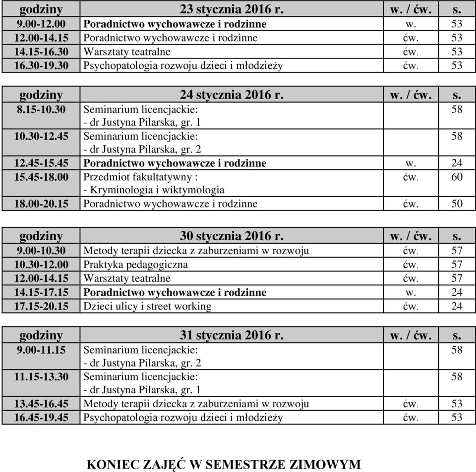 45 Poradnictwo wychowawcze i rodzinne w. 24 15.45-18.00 Przedmiot fakultatywny : ćw. 60 18.00-20.15 Poradnictwo wychowawcze i rodzinne ćw. 50 godziny 30 stycznia 2016 r. w. / ćw. s. 9.00-10.