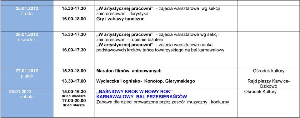 karnawałowy 27.01.2012 28.01.2012 15.30-18.00 13.30-17.00 15.00-16.30 dzieci młodsze 17.00-20.