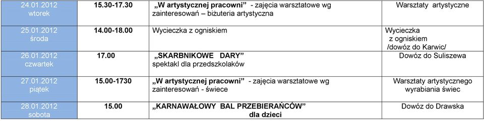 00 SKARBNIKOWE DARY spektakl dla przedszkolaków /dowóz do Karwic/ Dowóz do Suliszewa 27.01.2012 28.01.2012 15.