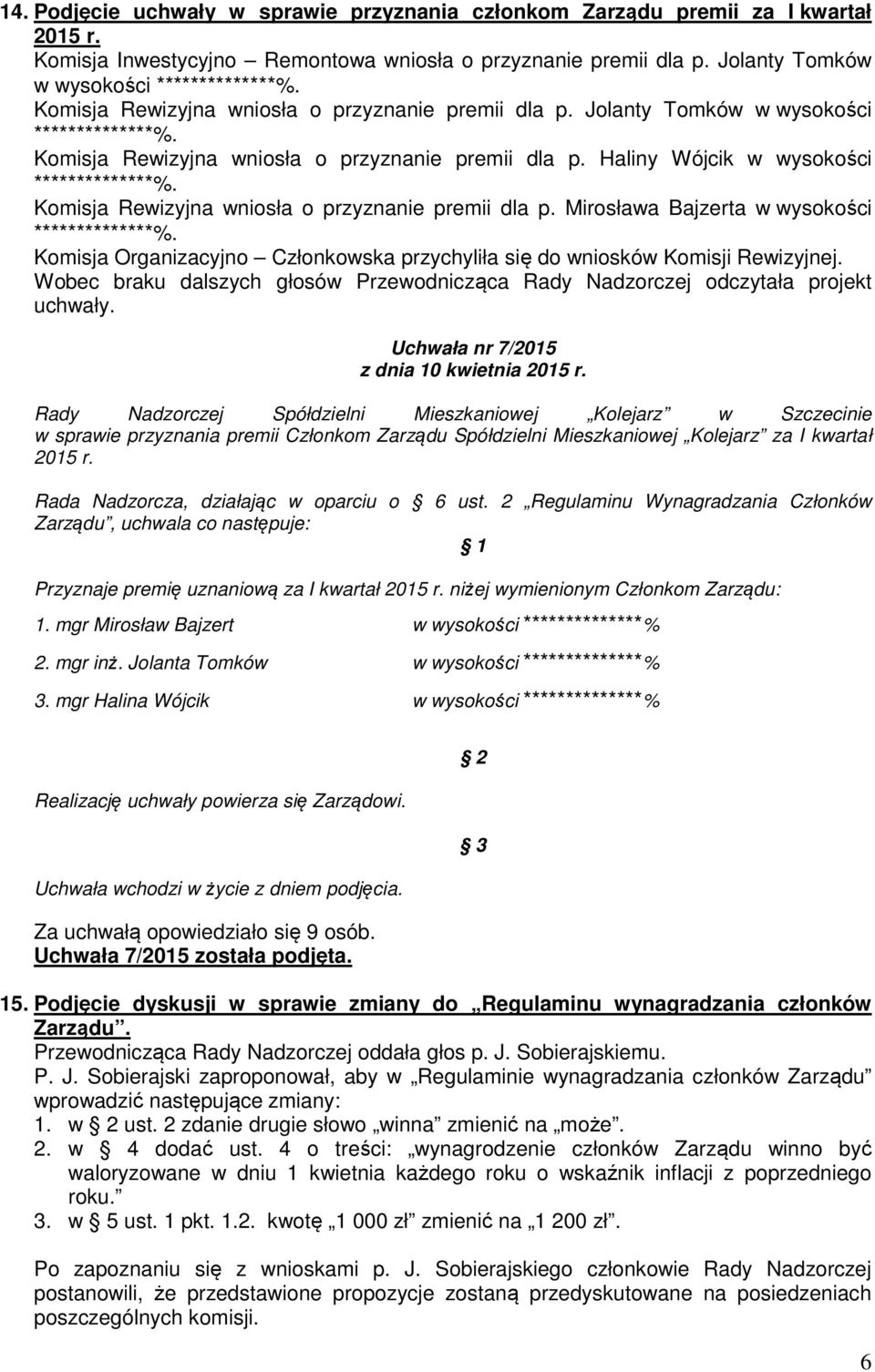 Komisja Rewizyjna wniosła o przyznanie premii dla p. Mirosława Bajzerta w wysokości **************%. Komisja Organizacyjno Członkowska przychyliła się do wniosków Komisji Rewizyjnej.