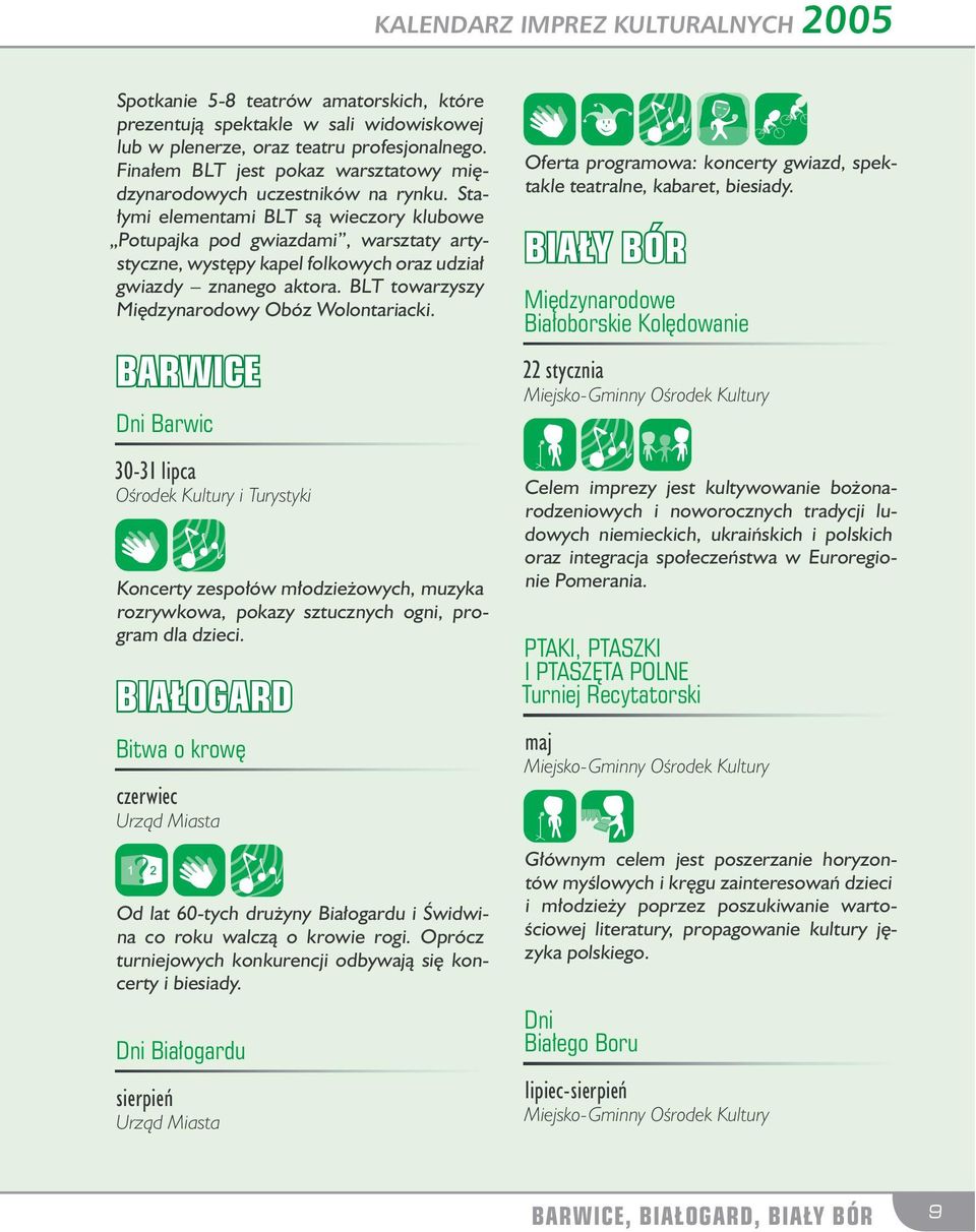 Stałymi elementami BLT są wieczory klubowe Potupajka pod gwiazdami, warsztaty artystyczne, występy kapel folkowych oraz udział gwiazdy znanego aktora. BLT towarzyszy Międzynarodowy Obóz Wolontariacki.