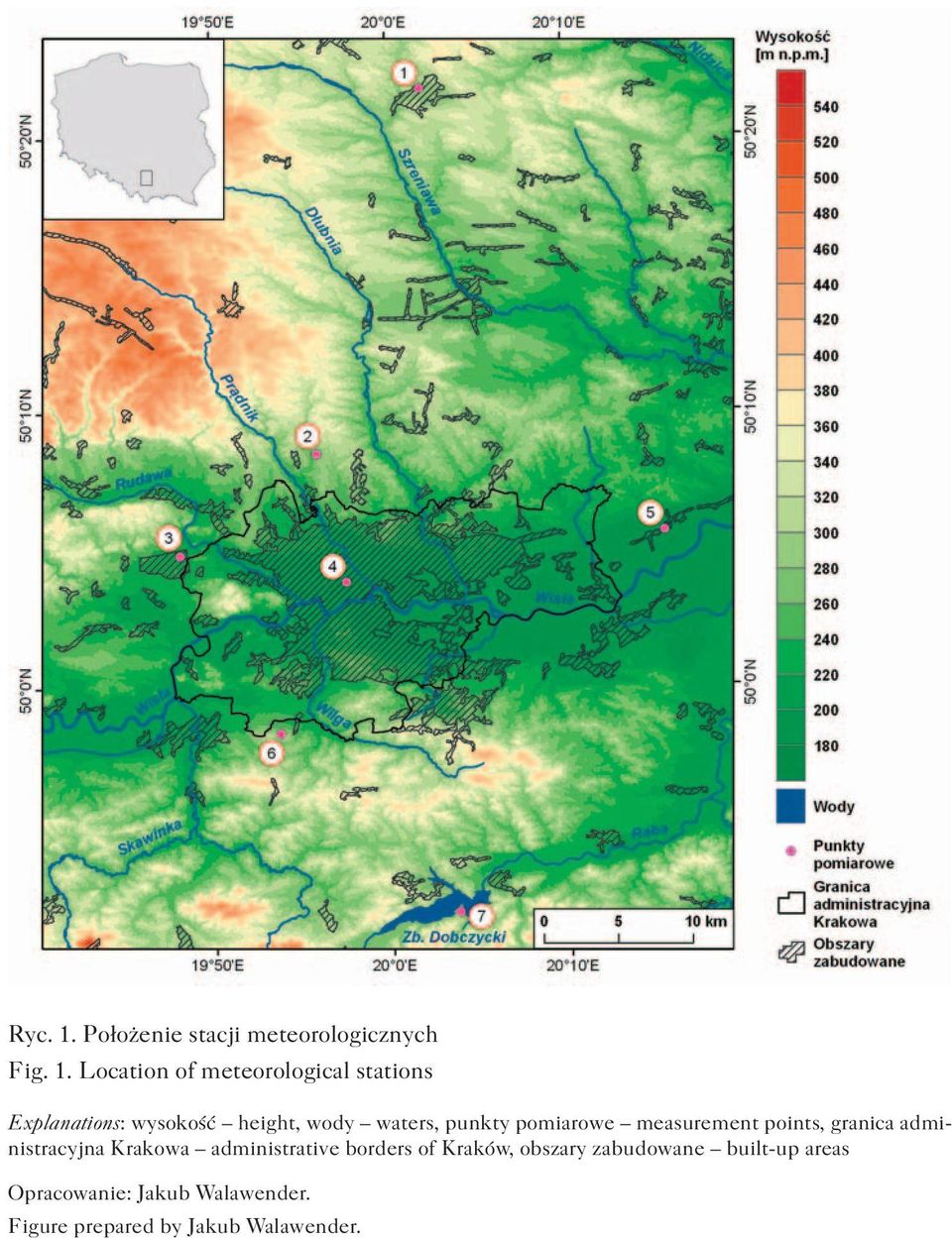 Location of meteorological stations Explanations: wysokość height, wody waters,