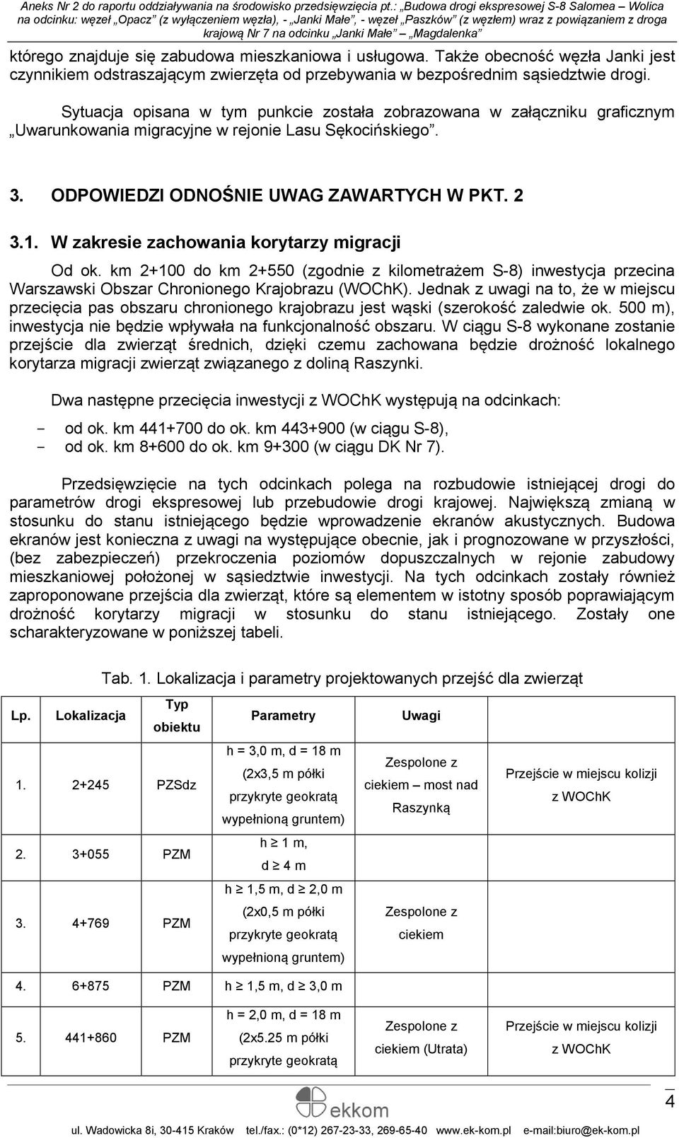 W zakresie zachowania korytarzy migracji Od ok. km 2+100 do km 2+550 (zgodnie z kilometrażem S-8) inwestycja przecina Warszawski Obszar Chronionego Krajobrazu (WOChK).