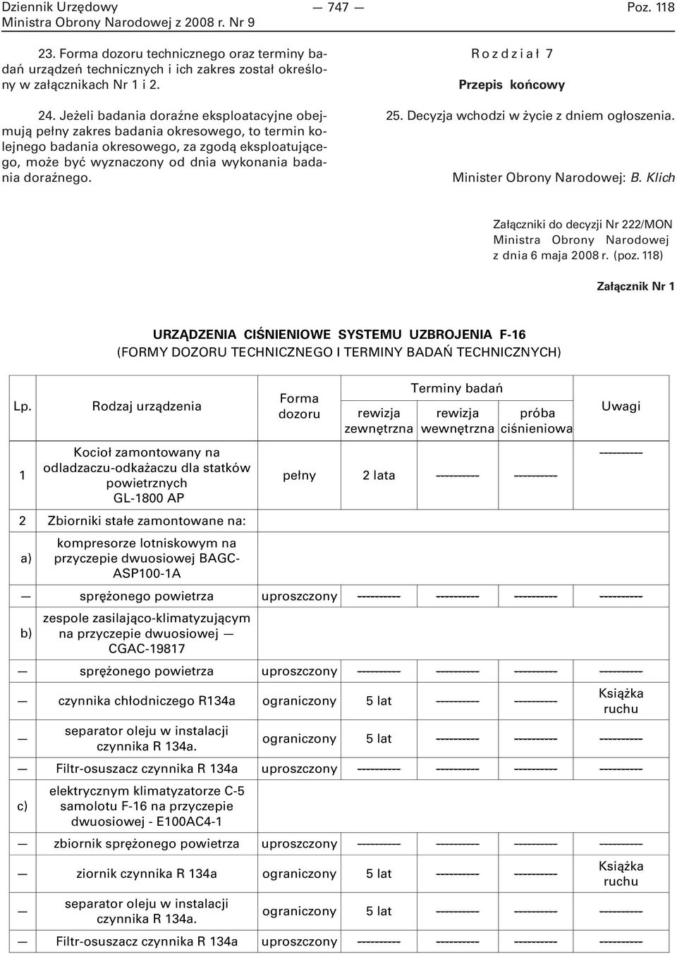 doraźnego. Rozdział 7 Przepis końcowy 25. Decyzja wchodzi w życie z dniem ogłoszenia. Minister Obrony Narodowej: B.