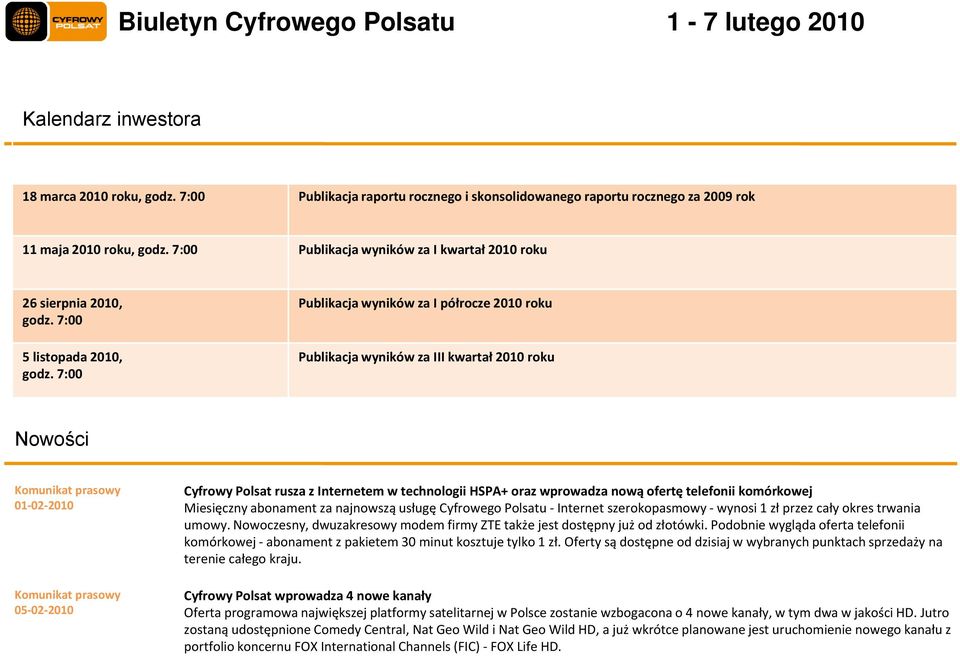 7:00 Nowości Komunikat prasowy 01 02 2010 Komunikat prasowy 05 02 2010 Cyfrowy Polsat rusza z Internetem w technologii HSPA+ oraz wprowadza nową ofertę telefonii komórkowej Miesięczny abonament za