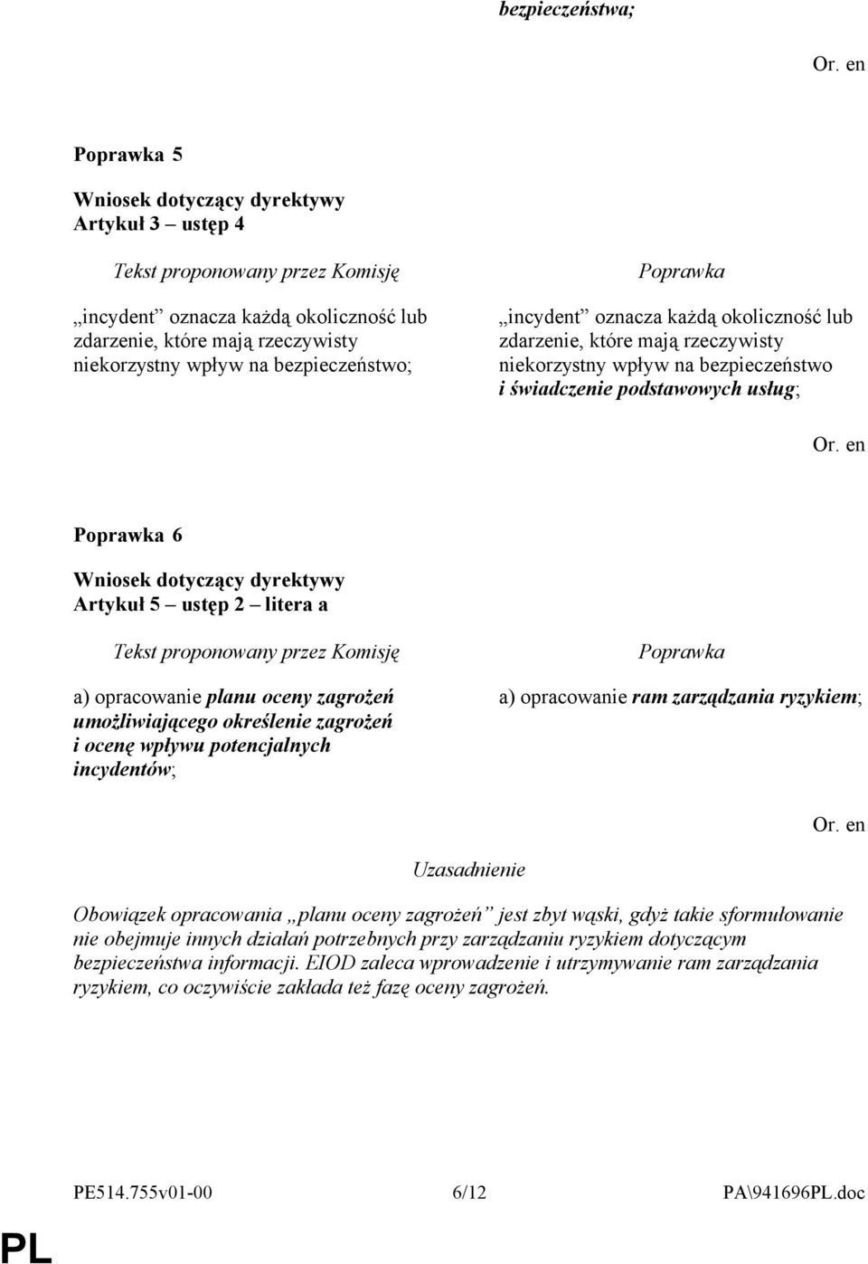 ocenę wpływu potencjalnych incydentów; a) opracowanie ram zarządzania ryzykiem; Uzasadnienie Obowiązek opracowania planu oceny zagrożeń jest zbyt wąski, gdyż takie sformułowanie nie obejmuje innych