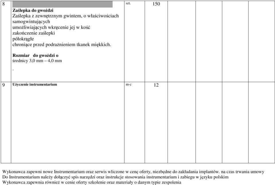 150 9 Użyczenie instrumentarium mc 12 Wykonawca zapewni nowe Instrumentarium oraz serwis wliczone w cenę oferty, niezbędne do zakładania implantów.