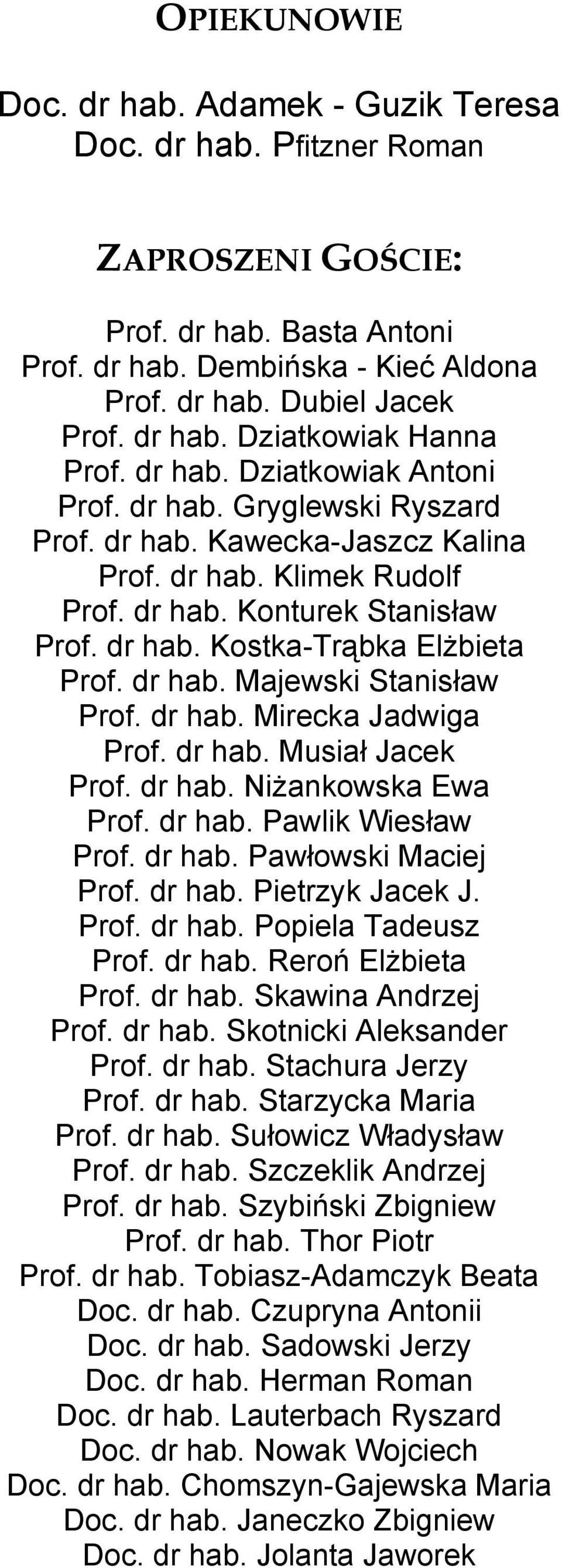 dr hab. Majewski Stanisław Prof. dr hab. Mirecka Jadwiga Prof. dr hab. Musiał Jacek Prof. dr hab. Niżankowska Ewa Prof. dr hab. Pawlik Wiesław Prof. dr hab. Pawłowski Maciej Prof. dr hab. Pietrzyk Jacek J.