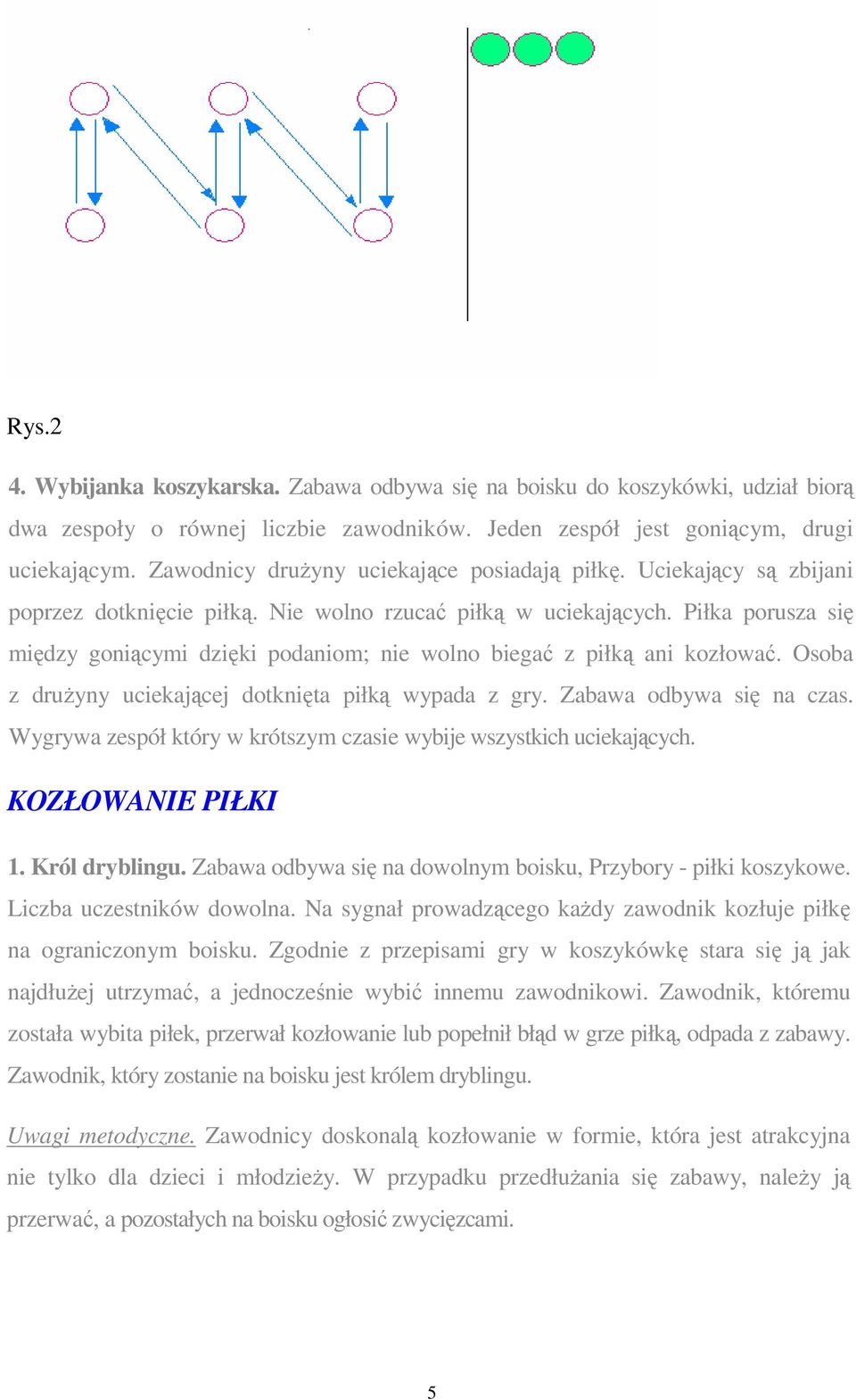 Piłka porusza się między goniącymi dzięki podaniom; nie wolno biegać z piłką ani kozłować. Osoba z druŝyny uciekającej dotknięta piłką wypada z gry. Zabawa odbywa się na czas.