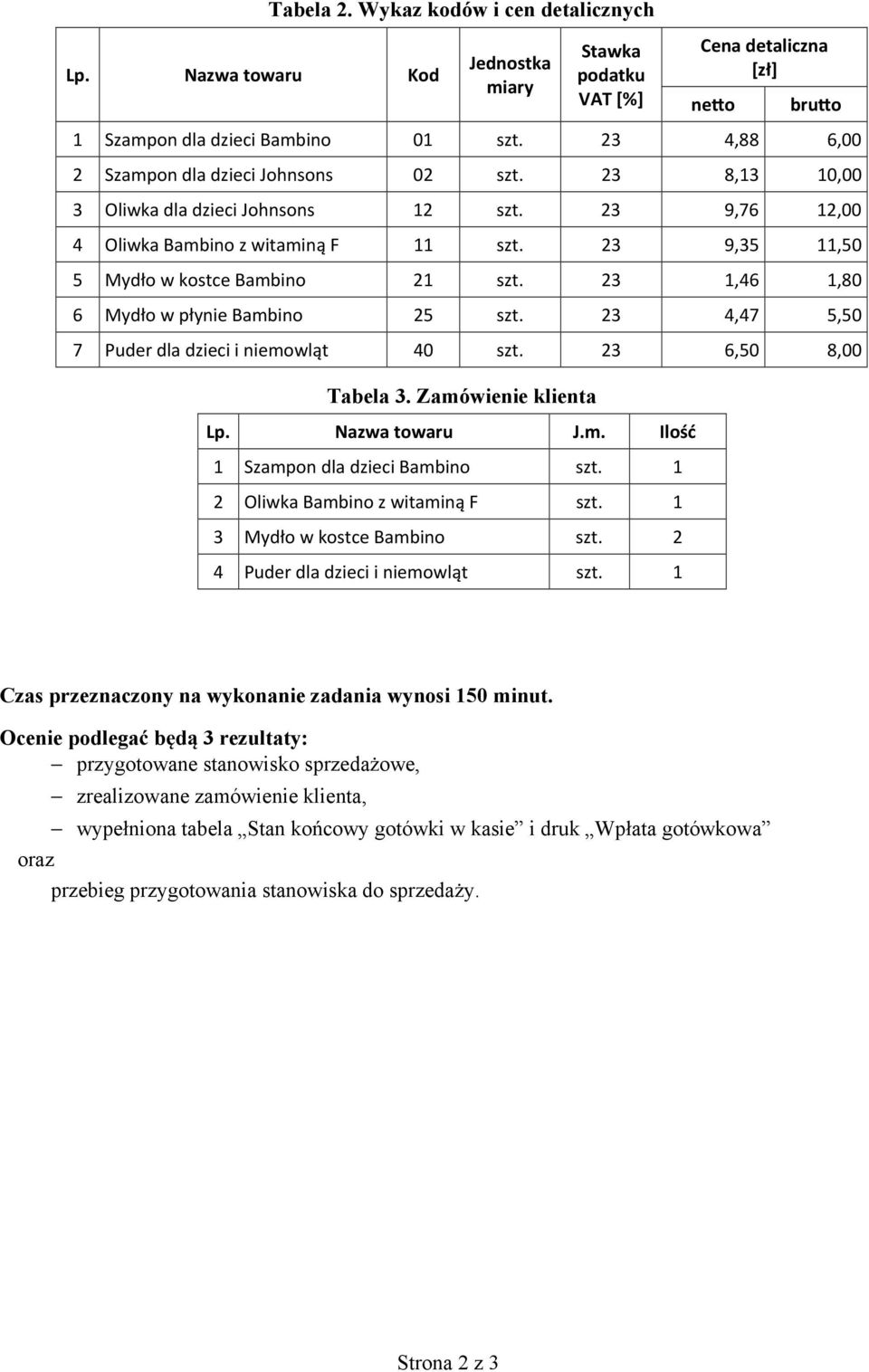 23 1,46 1,80 6 Myd o w p ynie Bambino 25 szt. 23 4,47 5,50 7 Puder dla dzieci i niemowl t 40 szt. 23 6,50 8,00 Tabela 3. Zamówienie klienta Lp. Nazwa towaru J.m. Ilo 1 Szampon dla dzieci Bambino szt.