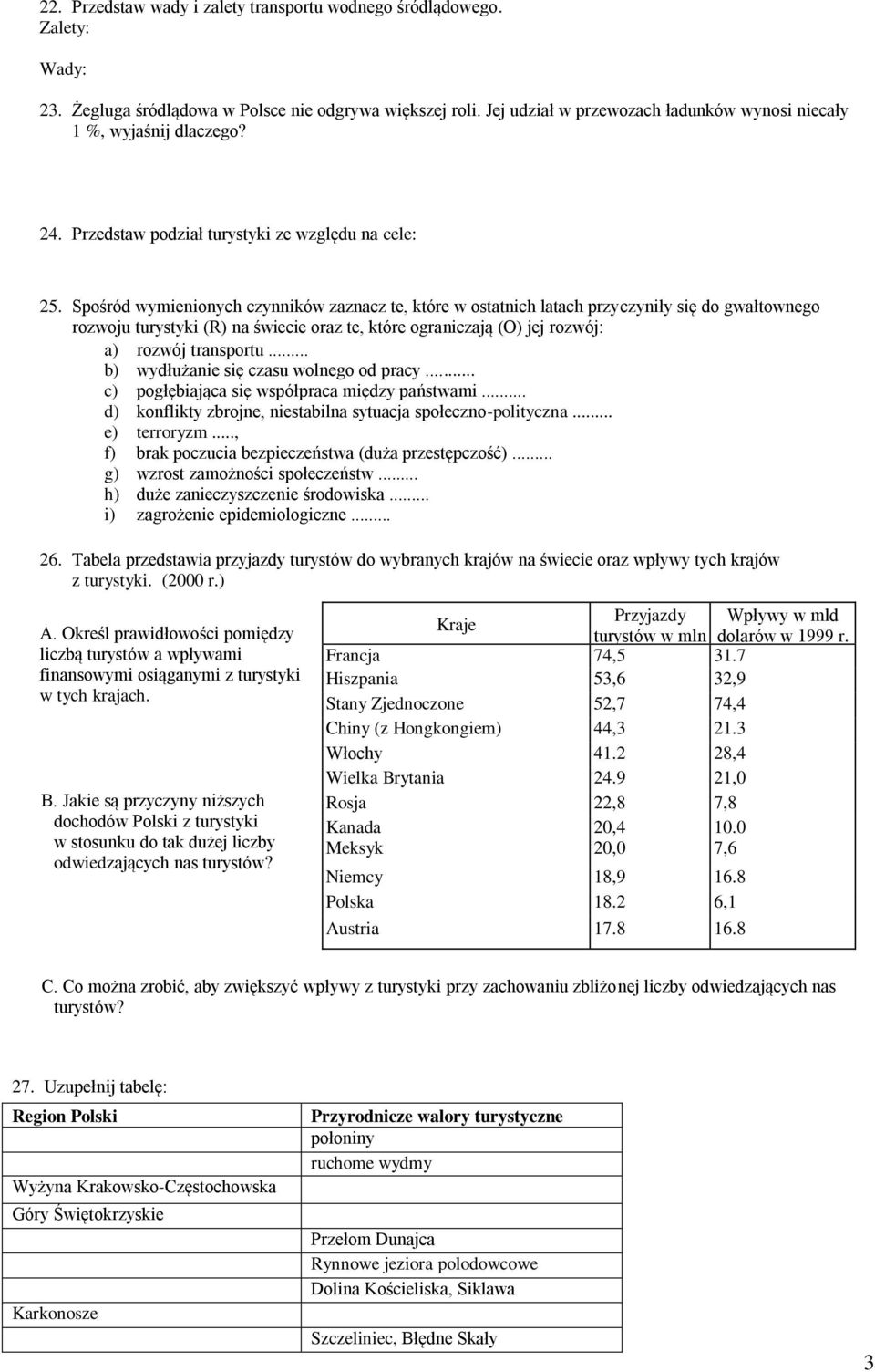 Spośród wymienionych czynników zaznacz te, które w ostatnich latach przyczyniły się do gwałtownego rozwoju turystyki (R) na świecie oraz te, które ograniczają (O) jej rozwój: a) rozwój transportu.
