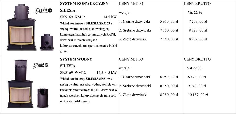 SYSTEM WODNY SK5169 WM12 14,5 / 5 kw Wkład kominkowy SK5169 z szybą owalną, nasadką wodną, kompletem kształtek ceramicznych RATH, drzwiczki w trzech wersjach  1.