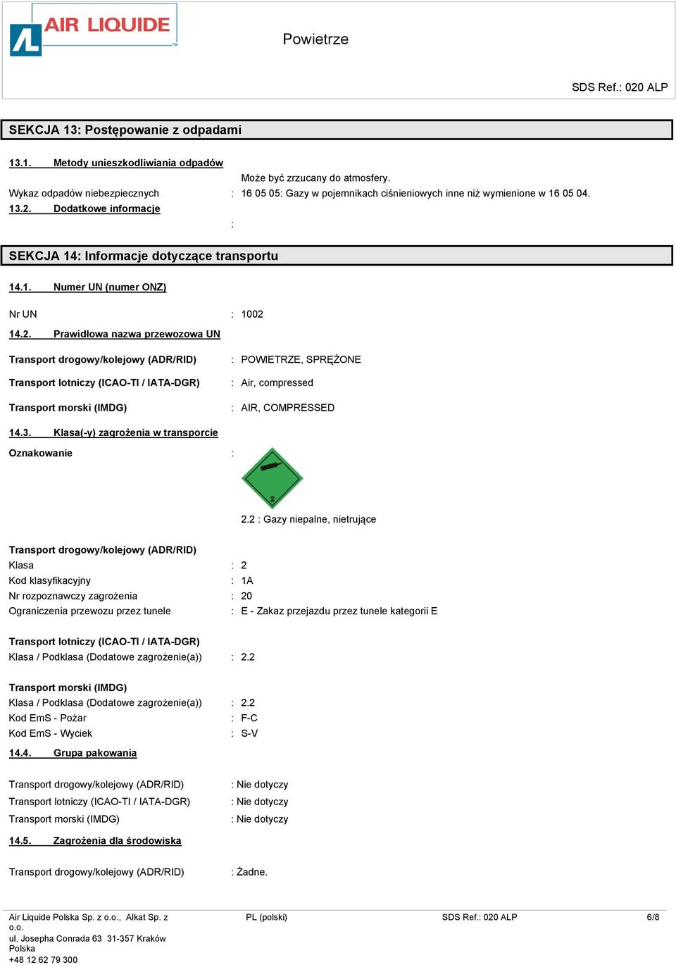 2. Prawidłowa nazwa przewozowa UN Transport drogowy/kolejowy (ADR/RID) POWIETRZE, SPRĘŻONE Air, compressed AIR, COMPRESSED 14.3. Klasa(-y) zagrożenia w transporcie Oznakowanie 2.