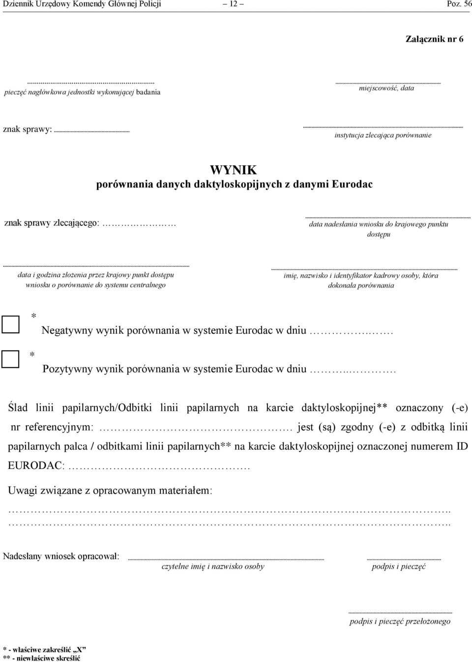 sprawy zlecającego: data nadesłania wniosku do krajowego punktu dostępu data i godzina złożenia przez krajowy punkt dostępu wniosku o porównanie do systemu centralnego imię, nazwisko i identyfikator