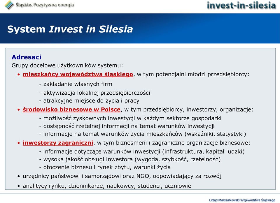 dostępność rzetelnej informacji na temat warunków inwestycji - informacje na temat warunków życia mieszkańców (wskaźniki, statystyki) inwestorzy zagraniczni, w tym biznesmeni i zagraniczne