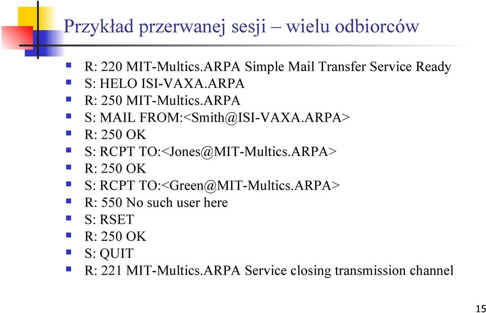 ARPA S: MAIL FROM:<Smith@ISI-VAXA.ARPA> R: 250 OK S: RCPT TO:<Jones@MIT-Multics.