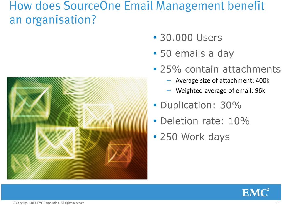 000 Users 50 emails a day 25% contain attachments Average