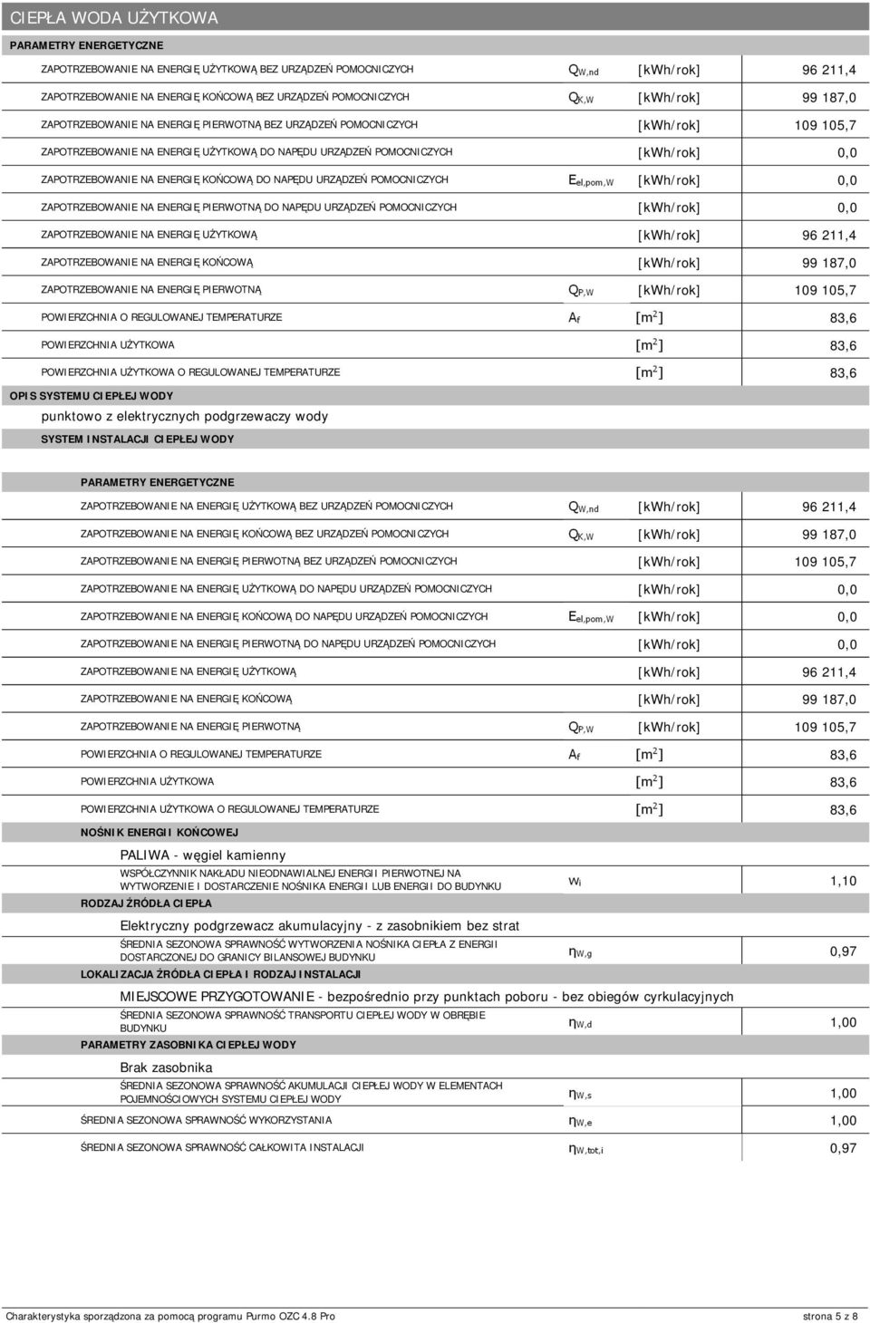 PIERWOTNĄ DO NAPĘDU URZĄDZEŃ POMOCNICZYCH [kwh/rok] 0,0 96 211,4 ZAPOTRZEBOWANIE NA ENERGIĘ KOŃCOWĄ [kwh/rok] 99 187,0 ZAPOTRZEBOWANIE NA ENERGIĘ PIERWOTNĄ [kwh/rok] 109 105,7 POWIERZCHNIA O