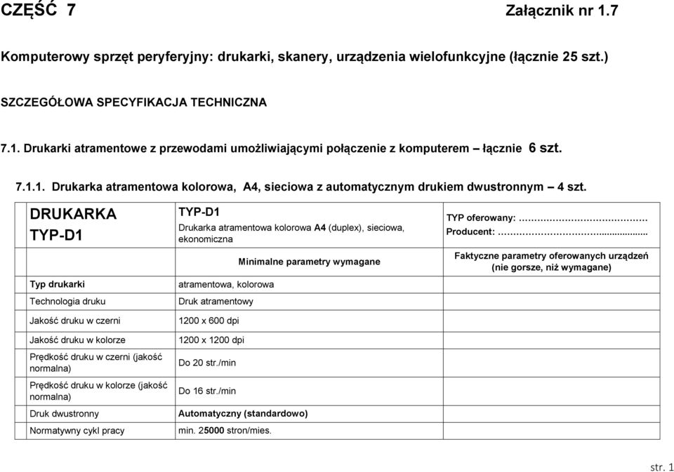 DRUKARKA TYP-D1 Typ drukarki Technologia druku Jakość druku w czerni Jakość druku w kolorze Prędkość druku w czerni (jakość normalna) Prędkość druku w kolorze (jakość normalna) Druk dwustronny