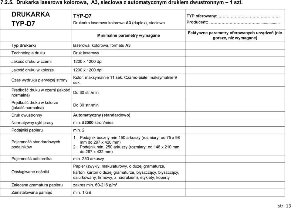 normalna) Druk dwustronny Normatywny cykl pracy TYP-D7 Drukarka laserowa kolorowa A3 (duplex), sieciowa Minimalne parametry wymagane laserowa, kolorowa, formatu A3 Druk laserowy 1200 x 1200 dpi 1200