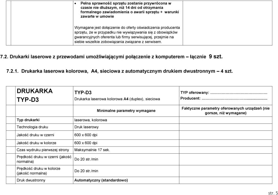 Drukarki laserowe z przewodami umożliwiającymi połączenie z komputerem łącznie 9 szt. 7.2.1. Drukarka laserowa kolorowa, A4, sieciowa z automatycznym drukiem dwustronnym 4 szt.