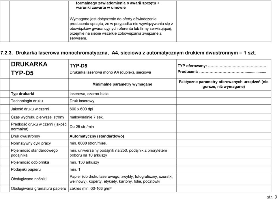 DRUKARKA TYP-D5 Typ drukarki Technologia druku Jakość druku w czerni Czas wydruku pierwszej strony Prędkość druku w czerni (jakość normalna) Druk dwustronny Normatywny cykl pracy Pojemność