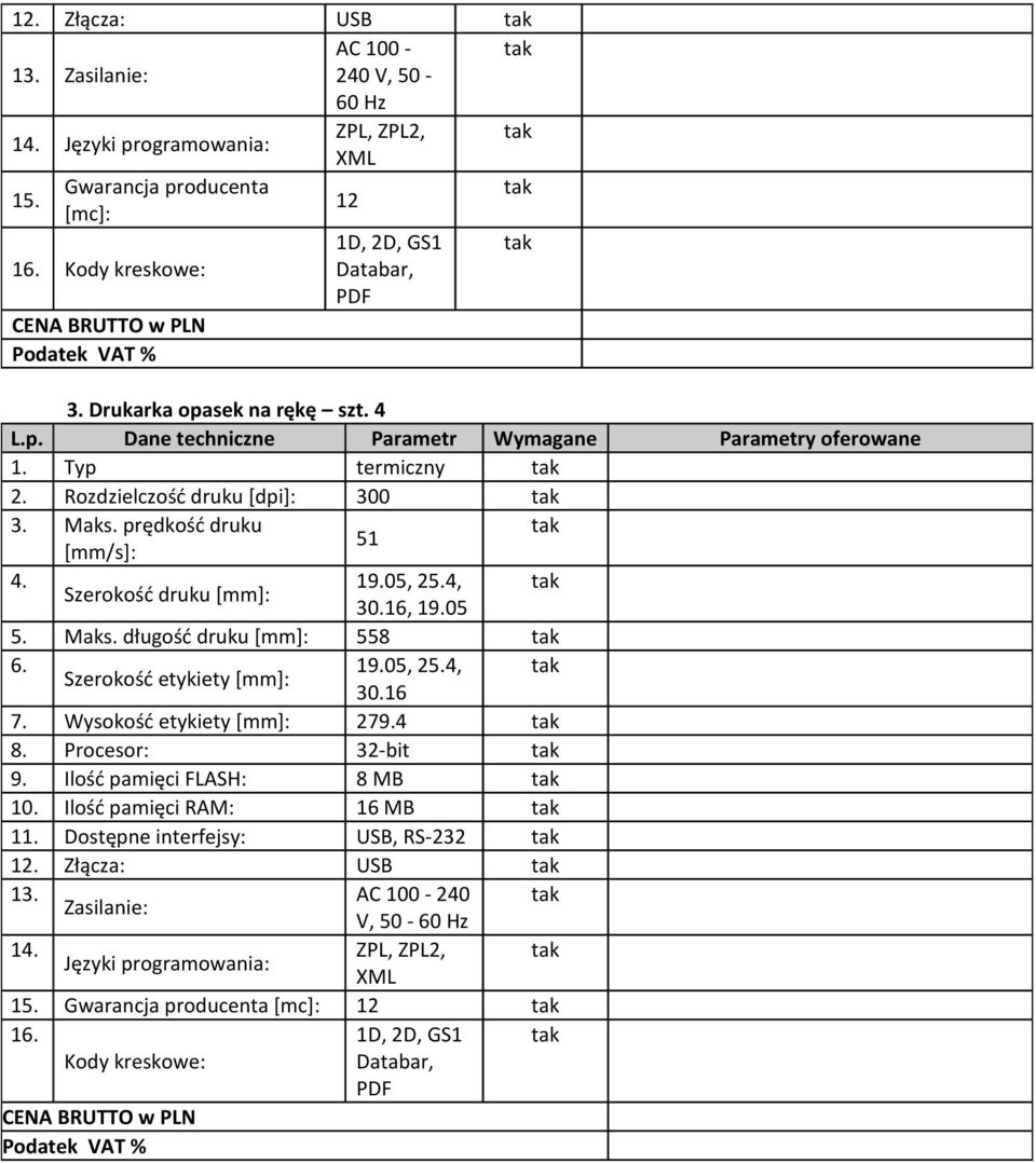 4, Szerokość druku [mm]: 30.16, 19.05 5. Maks. długość druku [mm]: 558 6. 19.05, 25.4, Szerokość etykiety [mm]: 30.16 7. Wysokość etykiety [mm]: 279.4 8. Procesor: 32-bit 9.