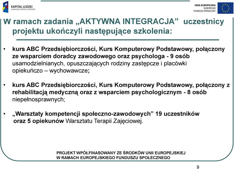 placówki opiekuńczo wychowawcze; kurs ABC Przedsiębiorczości, Kurs Komputerowy Podstawowy, połączony z rehabilitacją medyczną oraz z