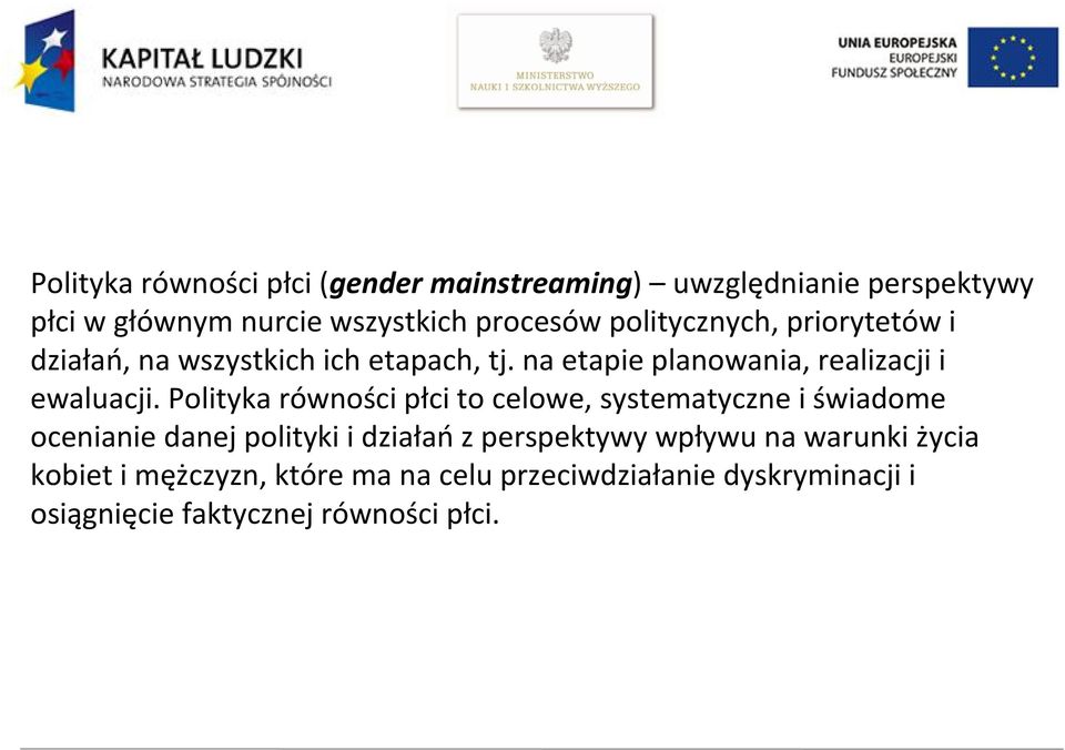 Polityka równości płci to celowe, systematyczne i świadome ocenianie danej polityki i działań z perspektywy wpływu