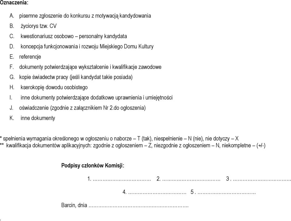 kserokopię dowodu osobistego I. inne dokumenty potwierdzające dodatkowe uprawnienia i umiejętności J. oświadczenie (zgodnie z załącznikiem Nr 2.do ogłoszenia) K.