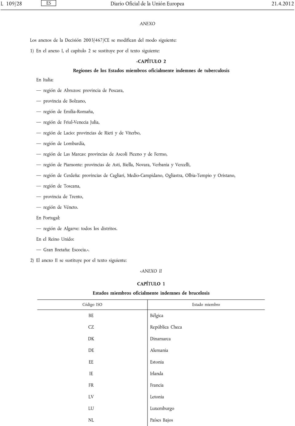 oficialmente indemnes de tuberculosis En Italia: región de Abruzos: provincia de Pescara, provincia de Bolzano, región de Emilia-Romaña, región de Friul-Venecia Julia, región de Lacio: provincias de