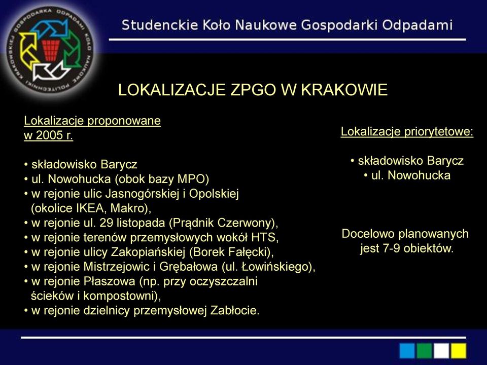29 listopada (Prądnik Czerwony), w rejonie terenów przemysłowych wokół HTS, w rejonie ulicy Zakopiańskiej (Borek Fałęcki), w rejonie