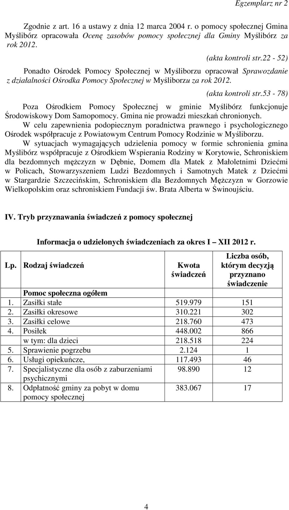 53-78) Poza Ośrodkiem Pomocy Społecznej w gminie Myślibórz funkcjonuje Środowiskowy Dom Samopomocy. Gmina nie prowadzi mieszkań chronionych.