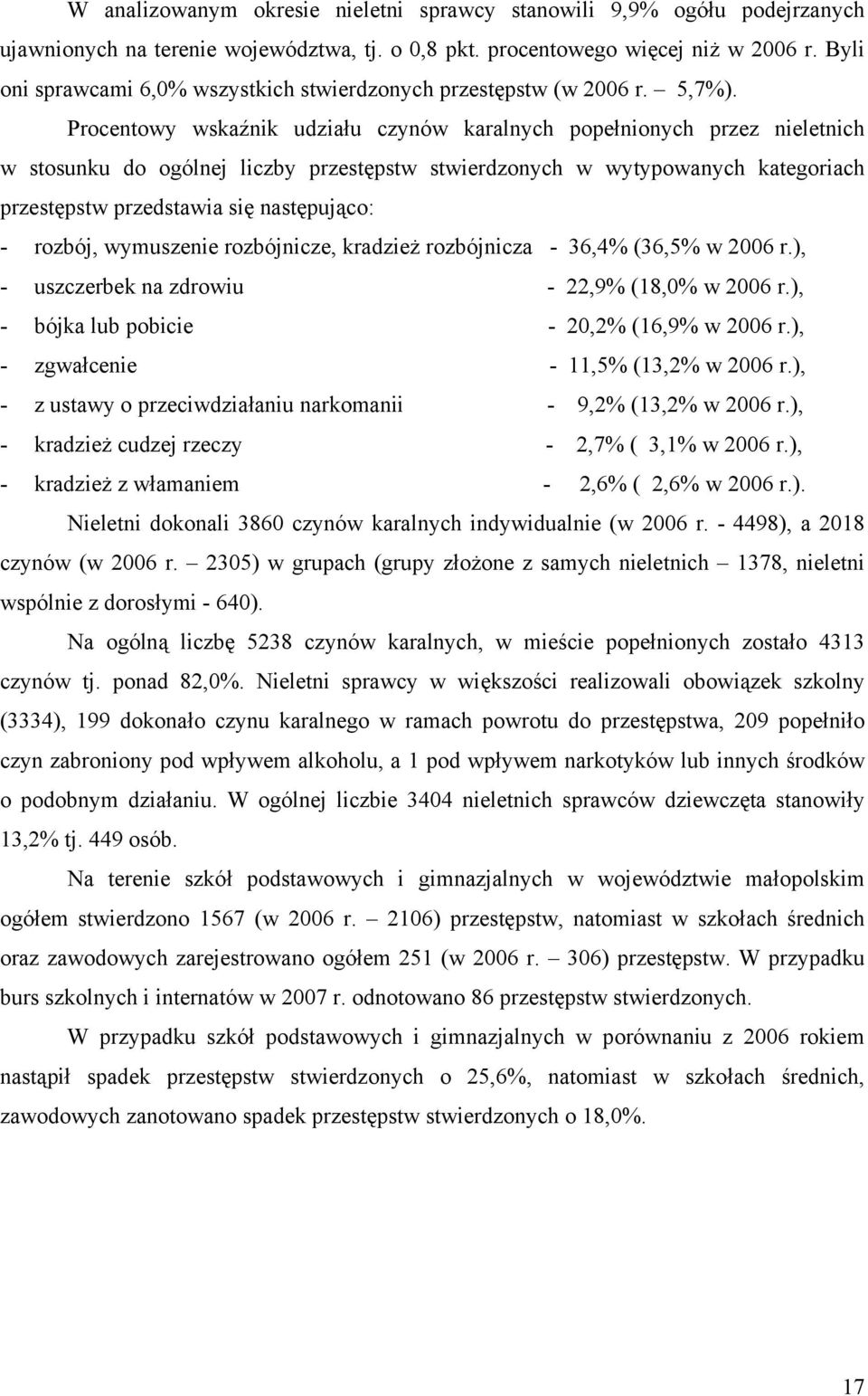 Procentowy wskaźnik udziału czynów karalnych popełnionych przez nieletnich w stosunku do ogólnej liczby przestępstw stwierdzonych w wytypowanych kategoriach przestępstw przedstawia się następująco: -