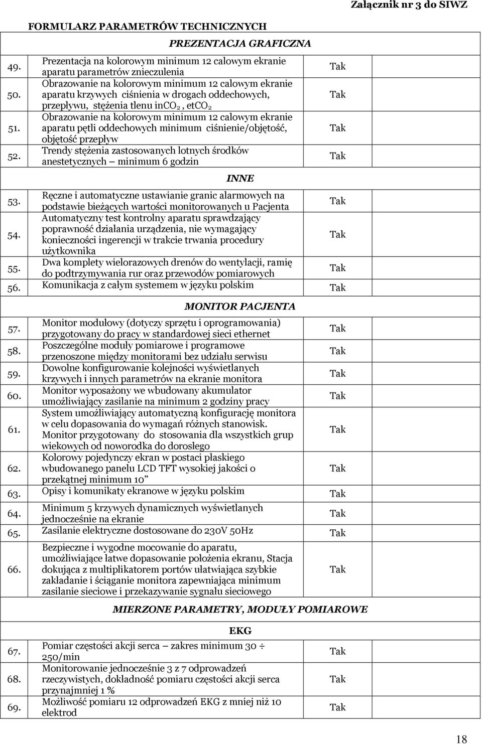 krzywych ciśnienia w drogach oddechowych, przepływu, stężenia tlenu inco 2, etco 2 Obrazowanie na kolorowym minimum 12 calowym ekranie aparatu pętli oddechowych minimum ciśnienie/objętość, objętość