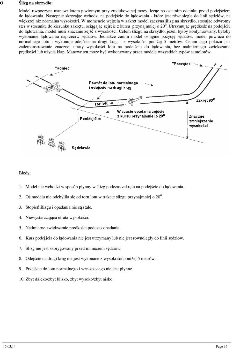 W momencie wejścia w zakręt model zaczyna ślizg na skrzydło, stosując odwrotny ster w stosunku do kierunku zakrętu, osiągając zejście z kursu przynajmniej o 20 0.