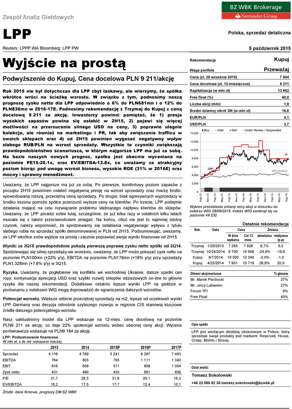 na ścieżkę wzrostu. W związku z tym, podnosimy naszą prognozę zysku netto dla LPP odpowiednio o 6% do PLN681mn i o 12% do PLN836mn w 2016-17E.