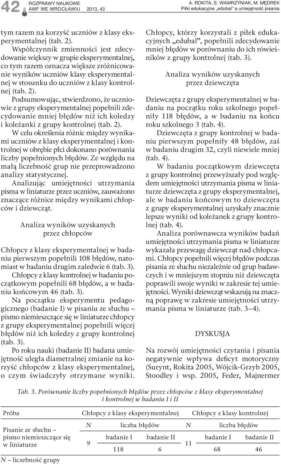 (tab. 2). Podsumowując, stwierdzono, że uczniowie z grupy eksperymentalnej popełnili zdecydowanie mniej błędów niż ich koledzy i koleżanki z grupy kontrolnej (tab. 2). W celu określenia różnic między wynikami uczniów z klasy eksperymentalnej i kontrolnej w obrębie płci dokonano porównania liczby popełnionych błędów.